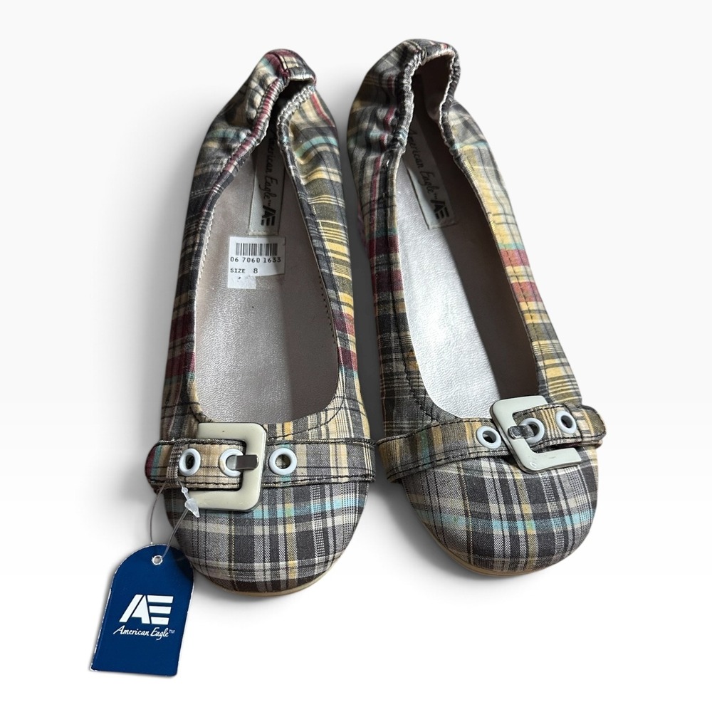 NWT American Eagle Plaid Ballet Flats Buckle Accent Y2K, Size 8